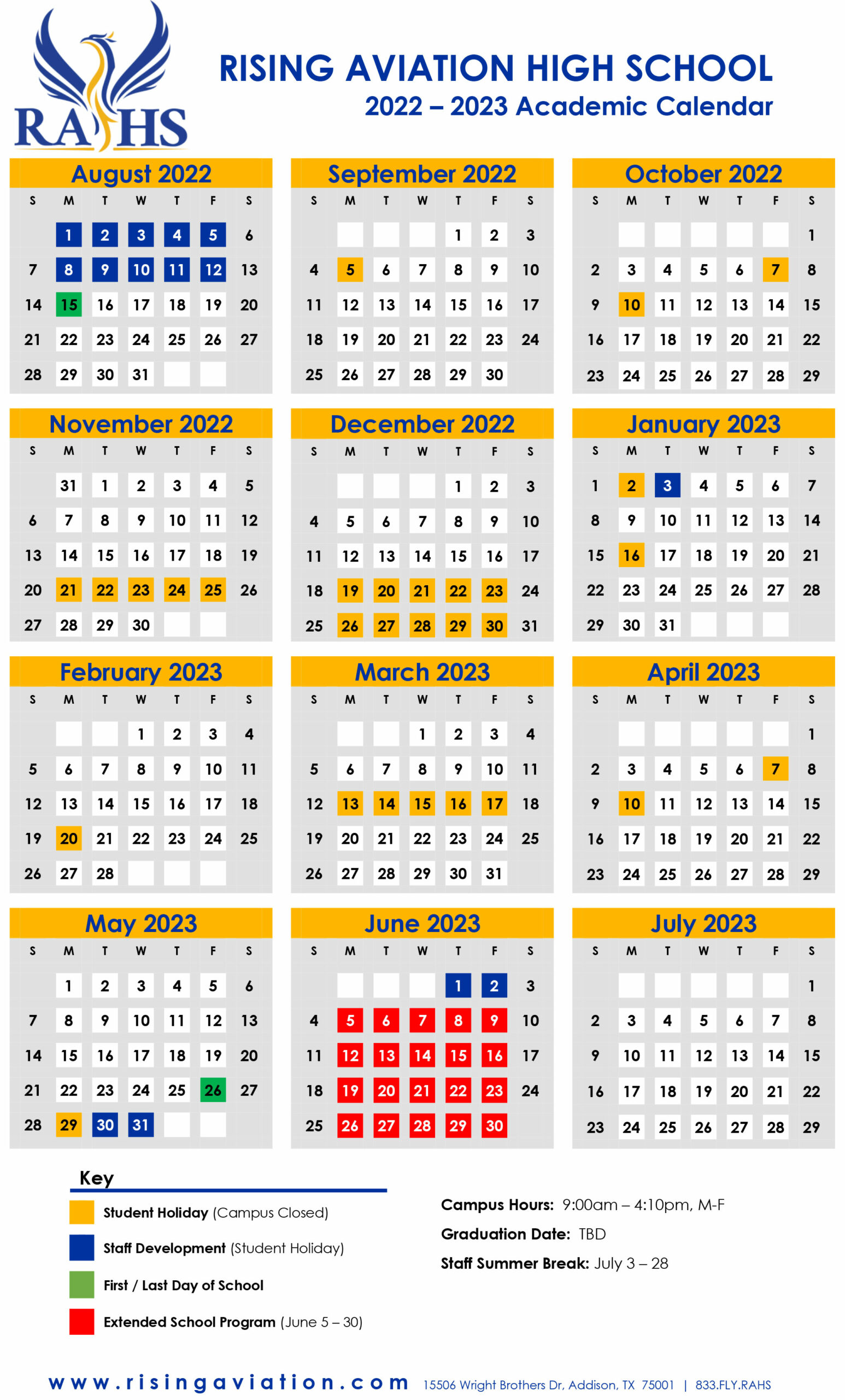 Academic Calendar & Campus Calendar - Rising Aviation High School