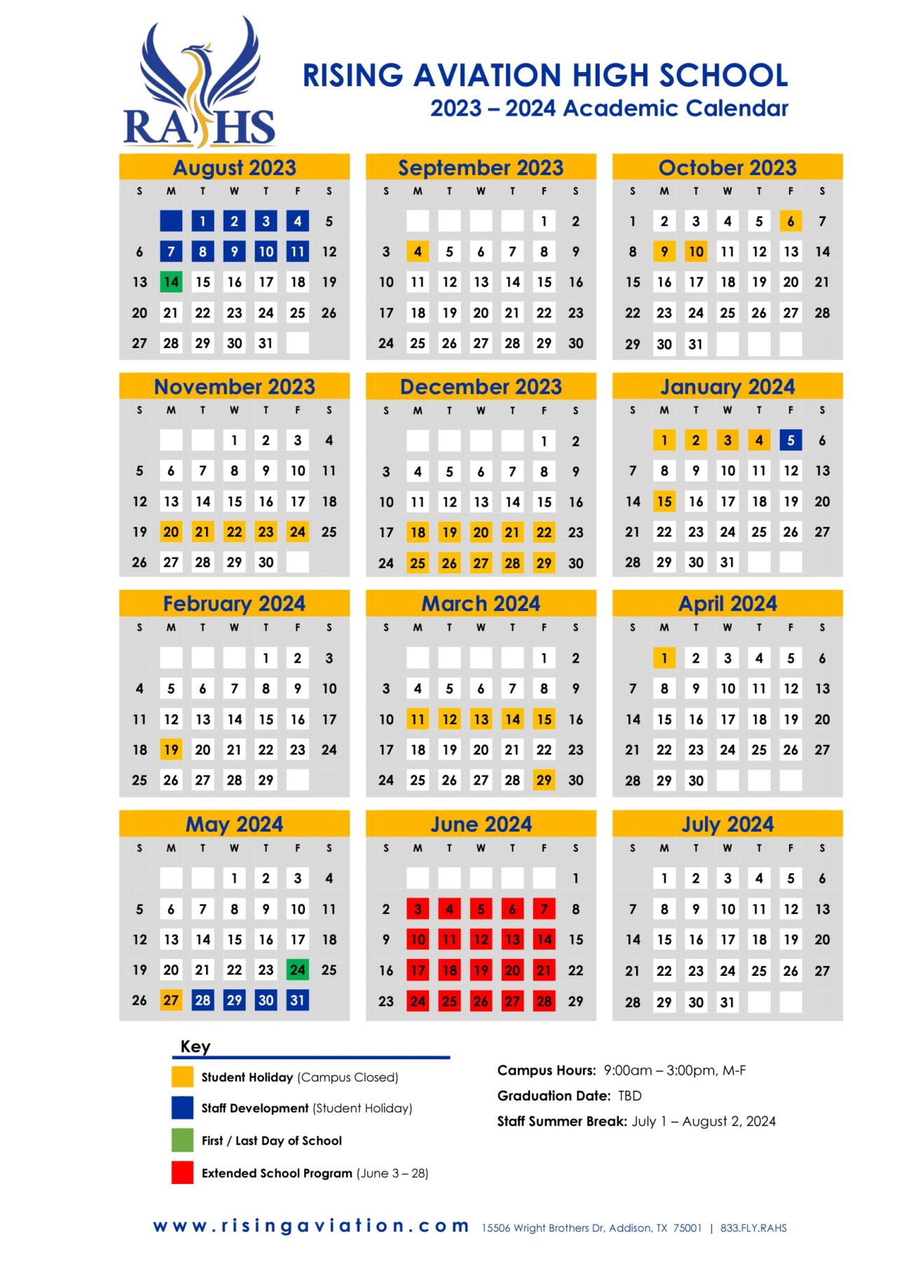 Academic Calendar & Campus Calendar Rising Aviation High School